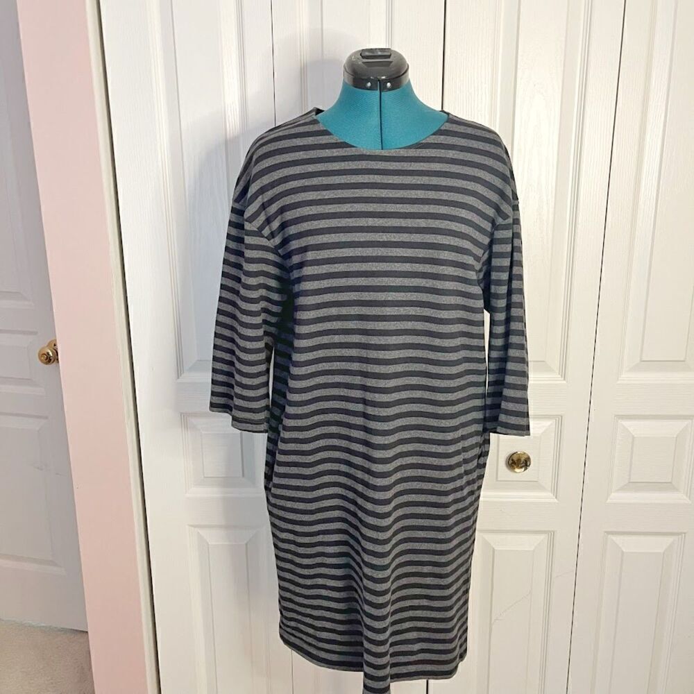Uniqlo Shift Stripe 3/4 Sleeve Round Neck Pocket Knee Length Nautical Dress